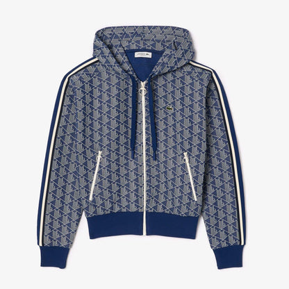 Navy - Front - Lacoste Womens-Ladies Jacquard Monogram Full Zip Hoodie