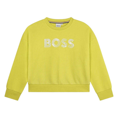 Lime - Front - Boss Childrens-Kids Logo Crew Neck Relaxed Fit Sweatshirt