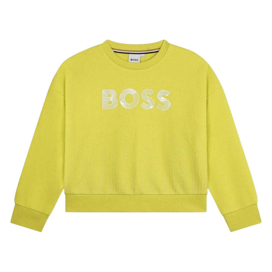 Lime - Front - Boss Childrens-Kids Logo Crew Neck Relaxed Fit Sweatshirt