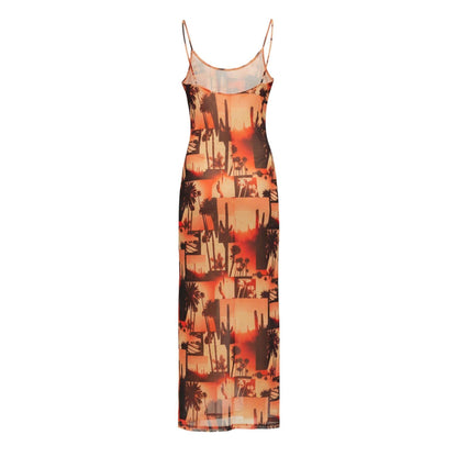 Orange-Black - Back - Hugo Womens-Ladies Mesh Spaghetti Strap Maxi Dress