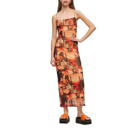 Orange-Black - Lifestyle - Hugo Womens-Ladies Mesh Spaghetti Strap Maxi Dress