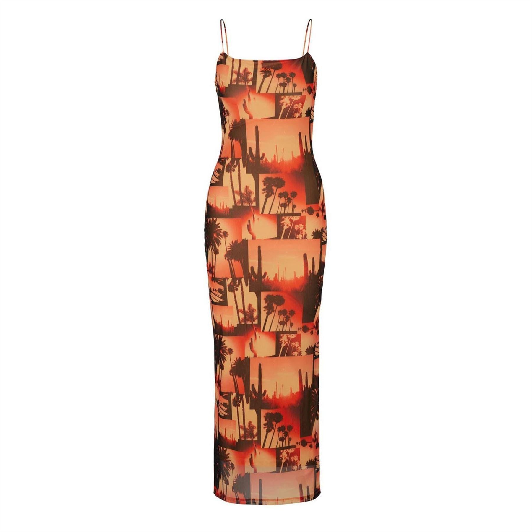 Orange-Black - Front - Hugo Womens-Ladies Mesh Spaghetti Strap Maxi Dress