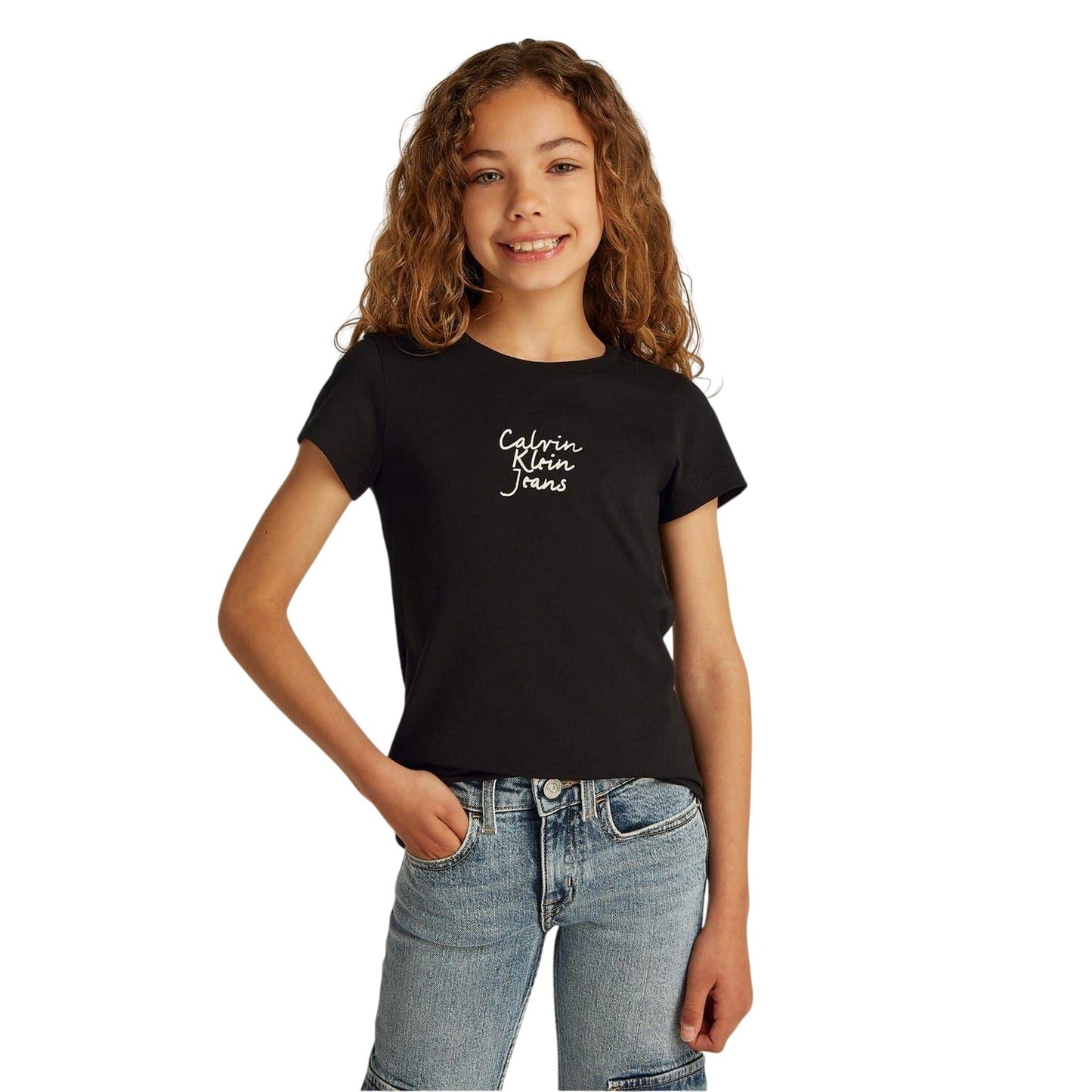 Black - Side - Calvin Klein Childrens-Kids Lettering Slim Short-Sleeved T-Shirt