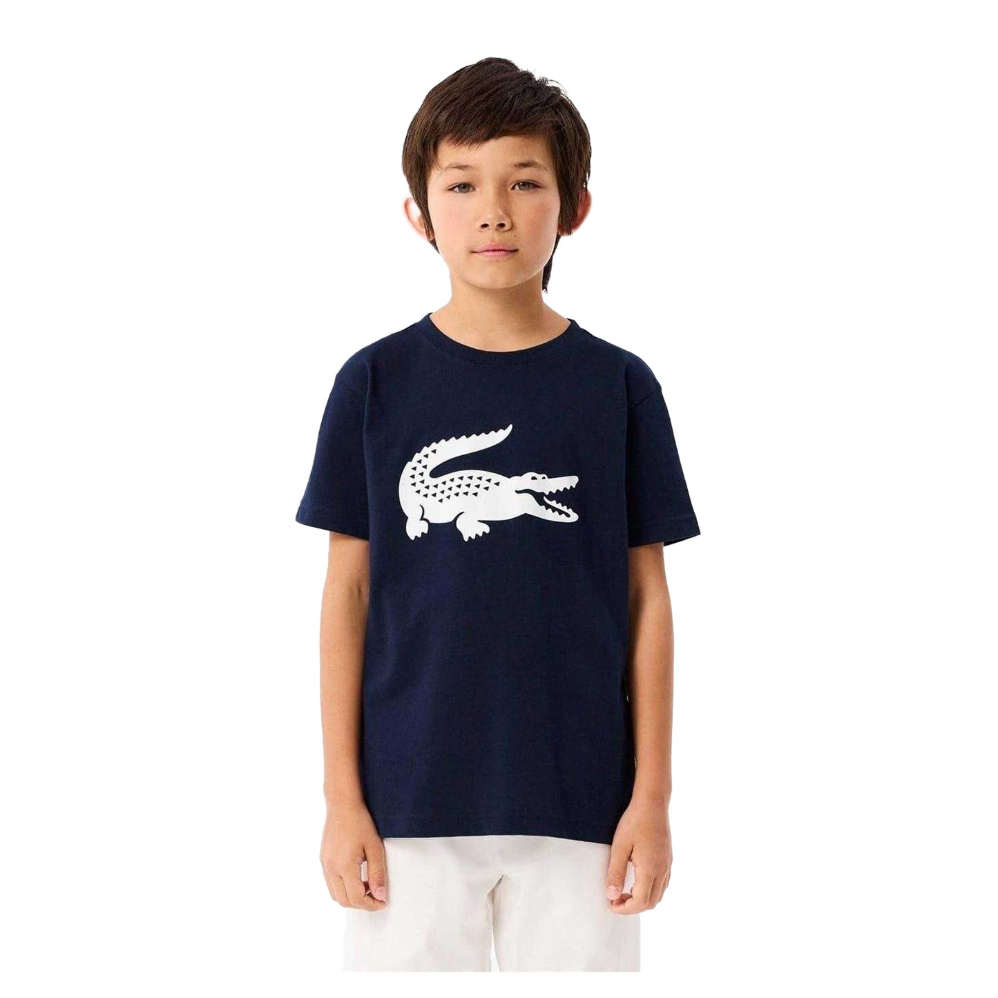 Navy - Side - Lacoste Childrens-Kids Large Logo Premium Cotton T-Shirt