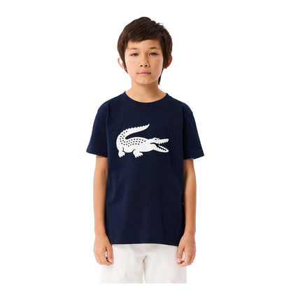Navy - Side - Lacoste Childrens-Kids Large Logo Premium Cotton T-Shirt