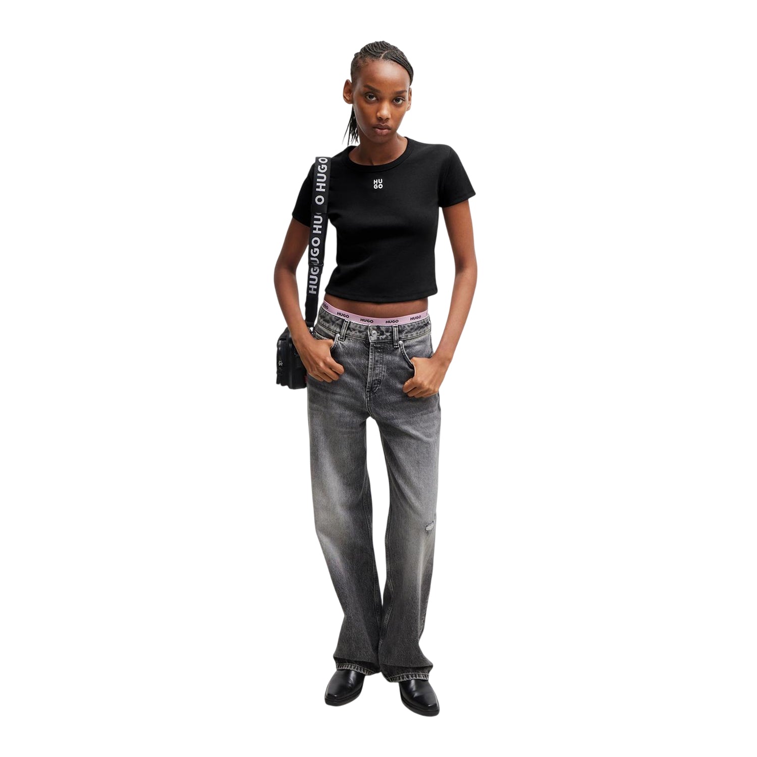 Black - Side - Hugo Womens-Ladies Logo Cotton Crop T-Shirt