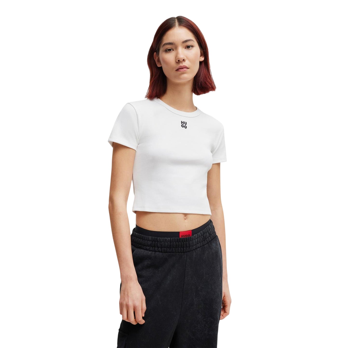 White - Side - Hugo Womens-Ladies Logo Cotton Crop T-Shirt
