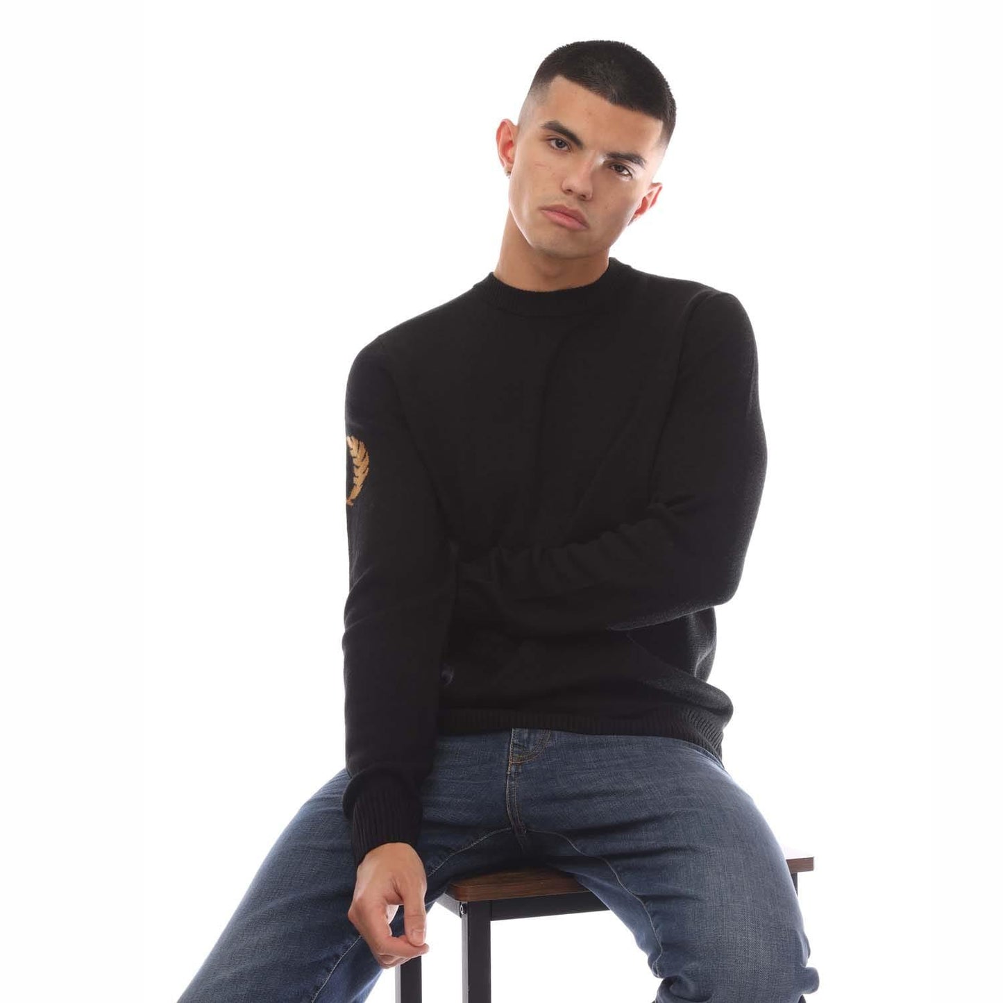 Black - Side - Fred Perry Mens Laurel Wreath Crew Neck Jumper