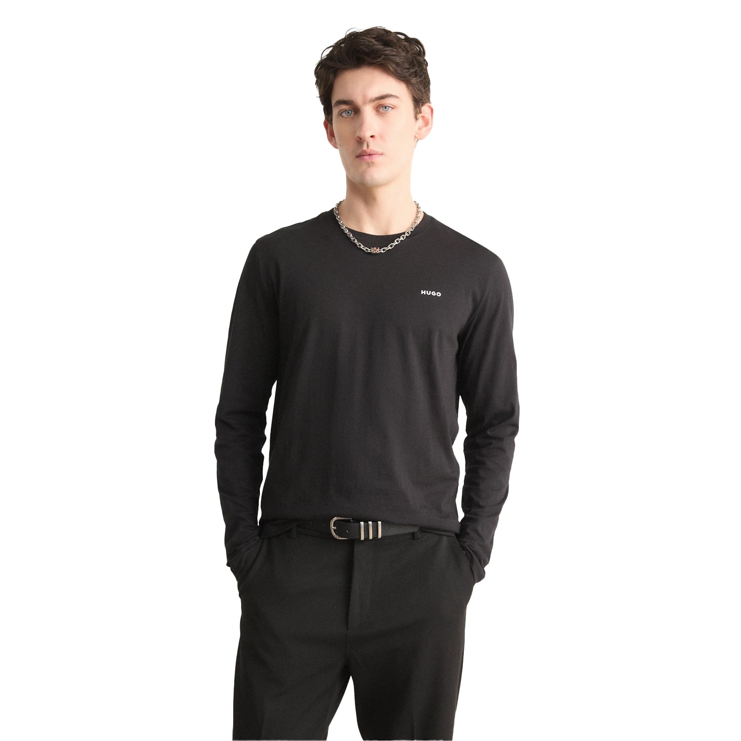 Black - Side - Hugo Mens Derol Cotton Long-Sleeved T-Shirt