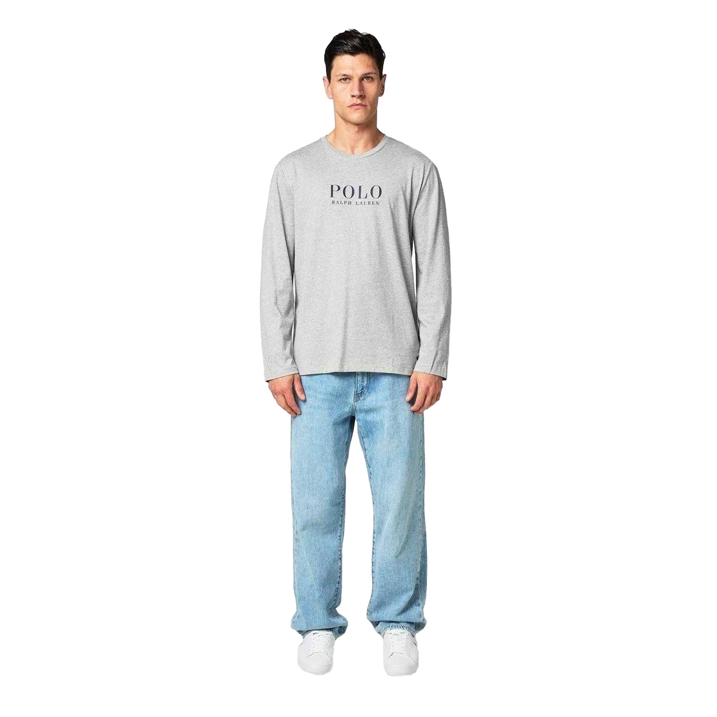 Grey Heather - Pack Shot - Ralph Lauren Mens Logo Cotton Long-Sleeved Polo T-Shirt