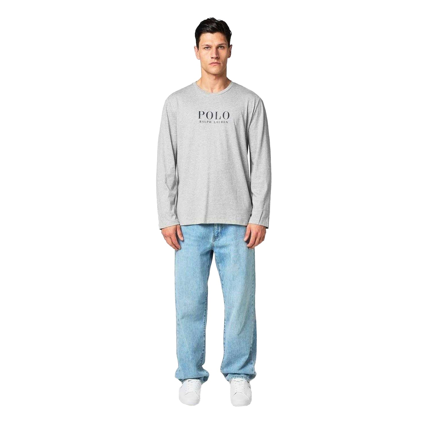 Grey Heather - Pack Shot - Ralph Lauren Mens Logo Cotton Long-Sleeved Polo T-Shirt