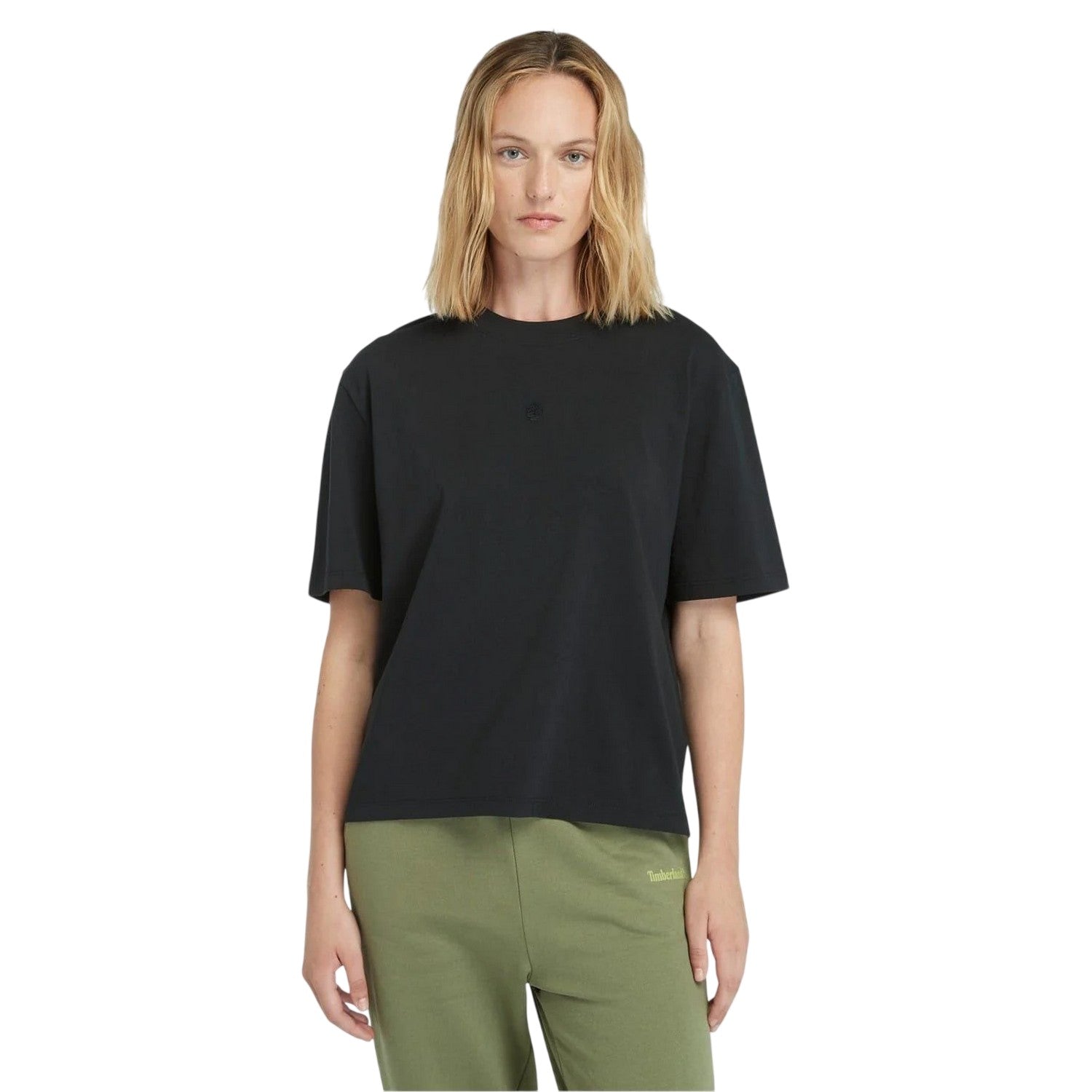 Black - Side - Timberland Womens-Ladies Crew Neck Relaxed Fit Crop T-Shirt