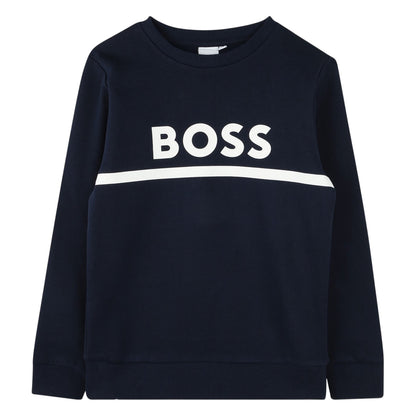 Navy - Front - Boss Childrens-Kids Crew Neck Sweatshirt