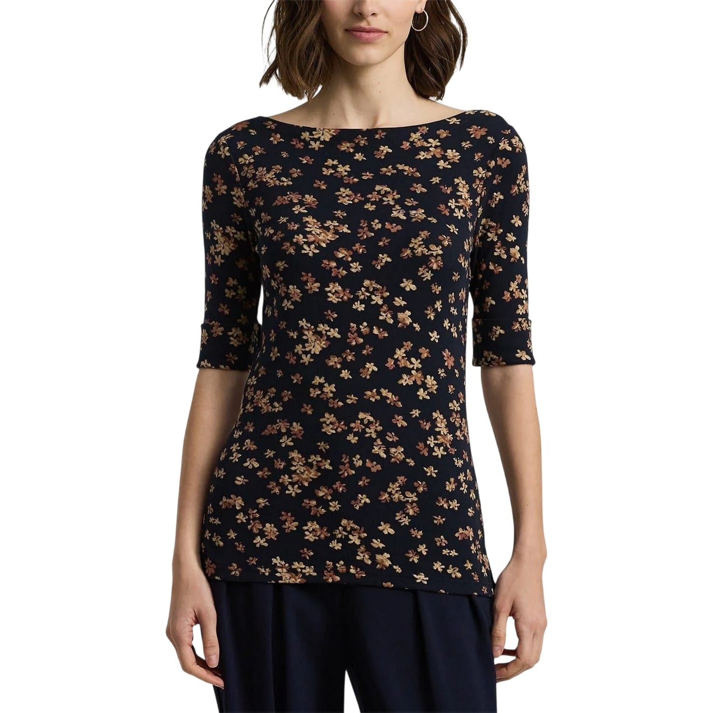 Navy - Side - Ralph Lauren Womens-Ladies Floral Slim T-Shirt