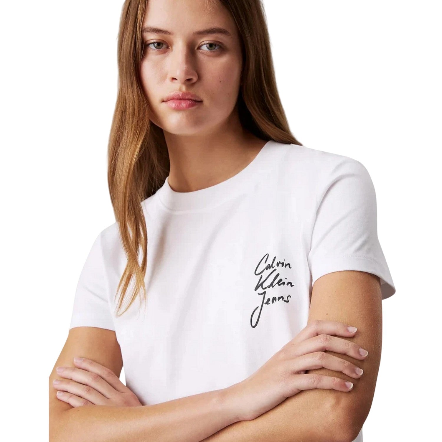 Bright White - Side - Calvin Klein Womens-Ladies Logo Crew Neck Regular Crop T-Shirt