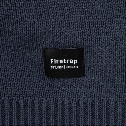 Navy - Side - Firetrap Mens Knitted Cotton Crew Neck Sweatshirt