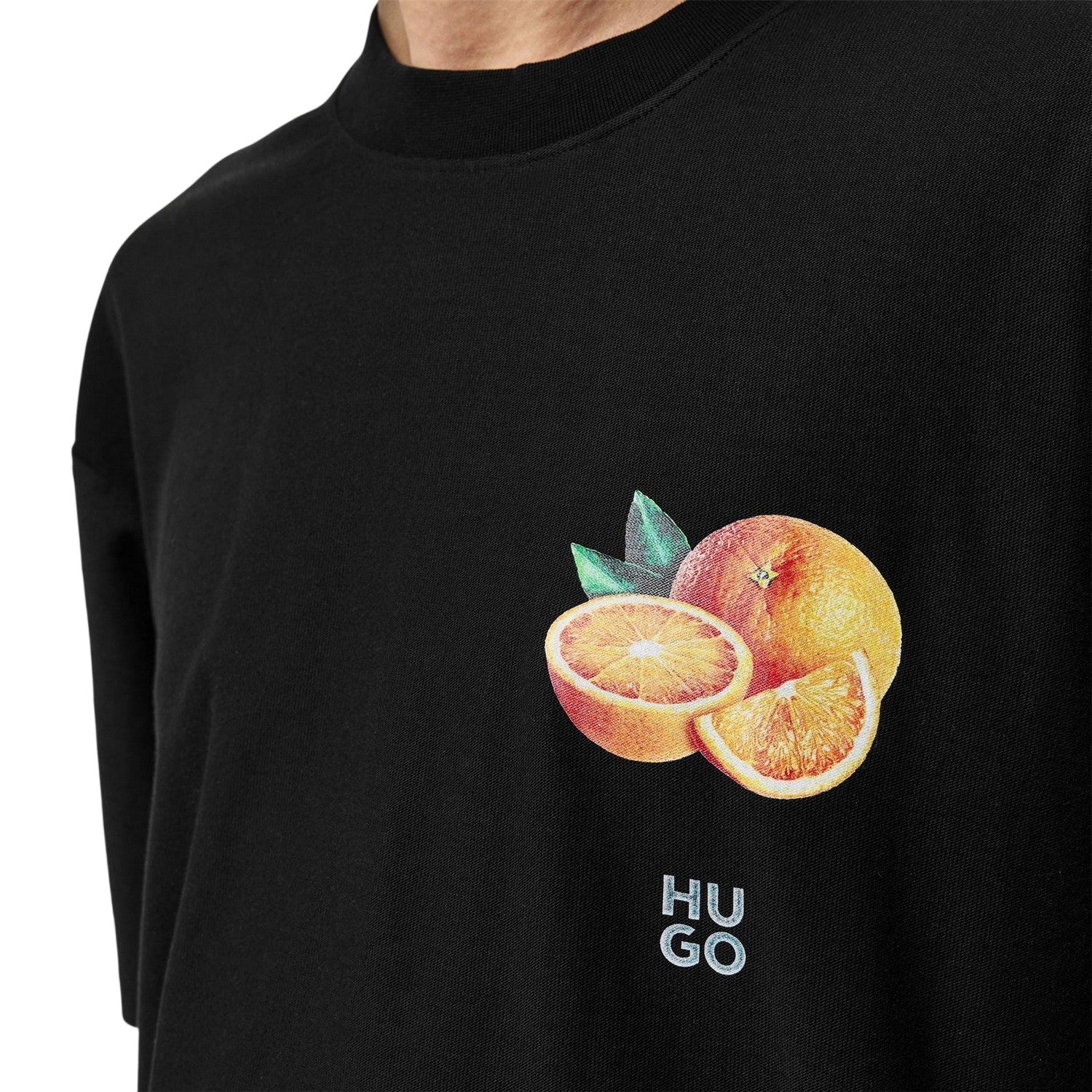Black - Side - Hugo Mens Orange Crew Neck Regular T-Shirt