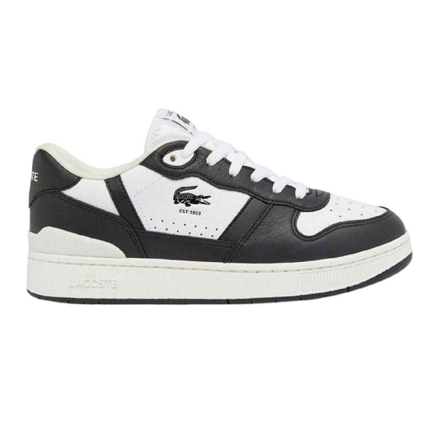 White-Black - Front - Lacoste Mens T-Clip Leather Low Cut Flat Trainers
