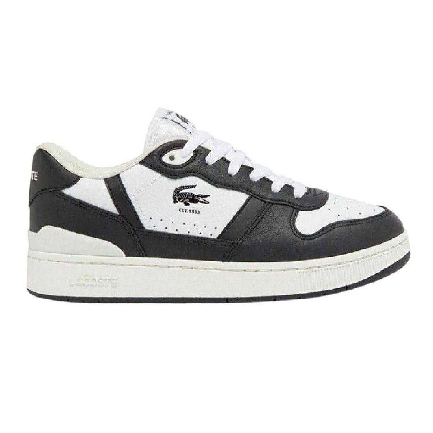 White-Black - Front - Lacoste Mens T-Clip Leather Low Cut Flat Trainers