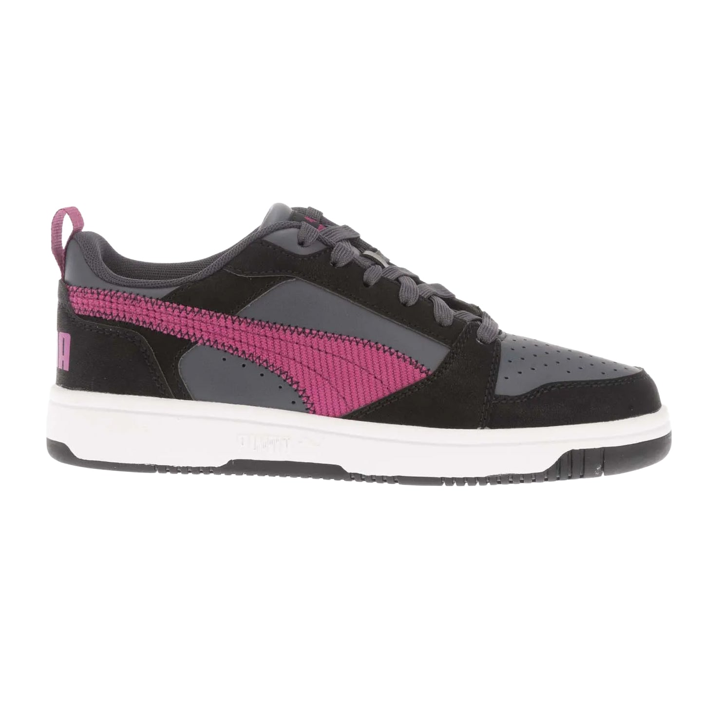 Black-Grey - Side - Puma Childrens-Kids Rebound V6 Leather Trainers