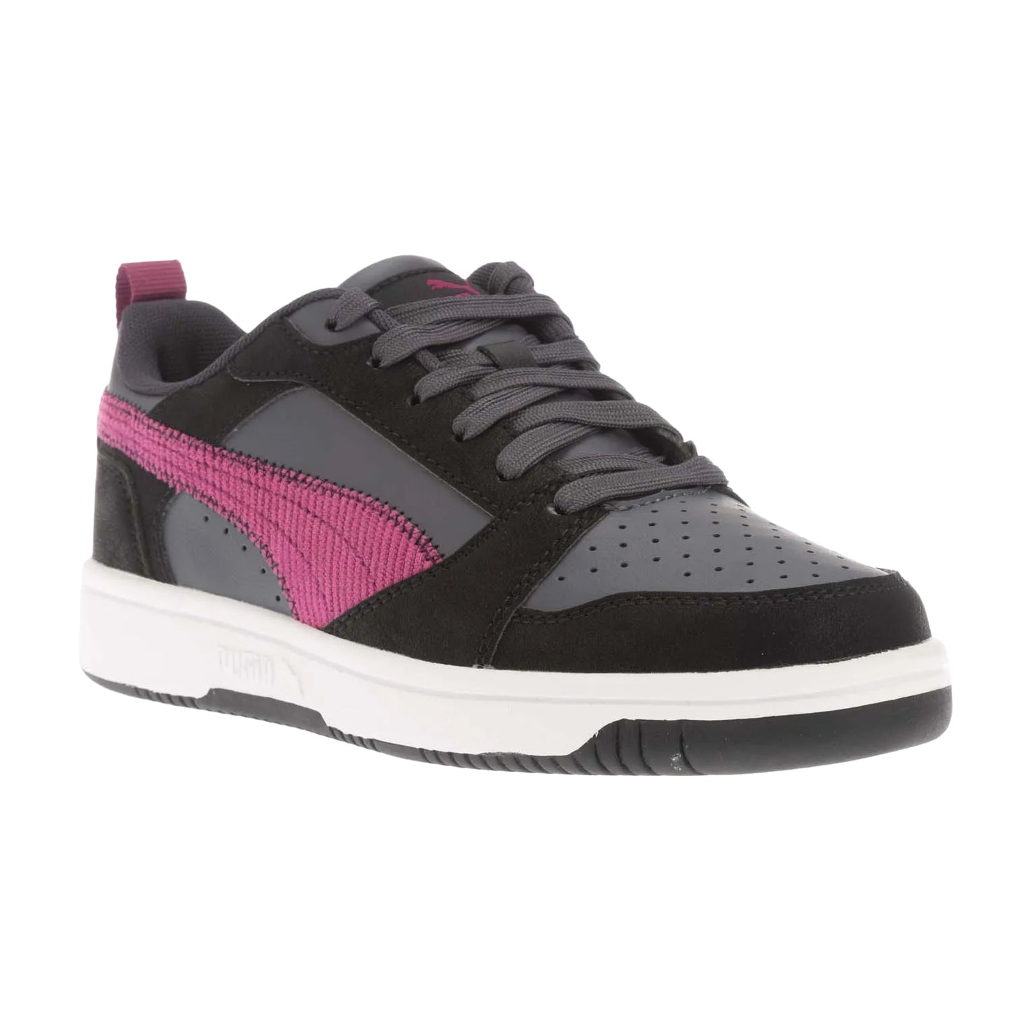 Black-Grey - Front - Puma Childrens-Kids Rebound V6 Leather Trainers