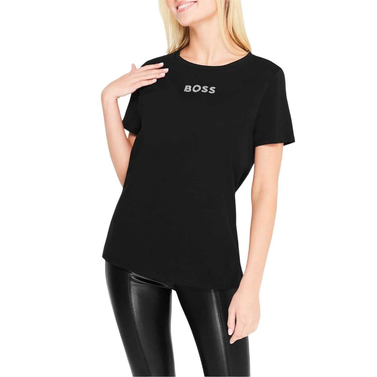 Black - Front - Hugo Boss Womens-Ladies Diamante Logo T-Shirt