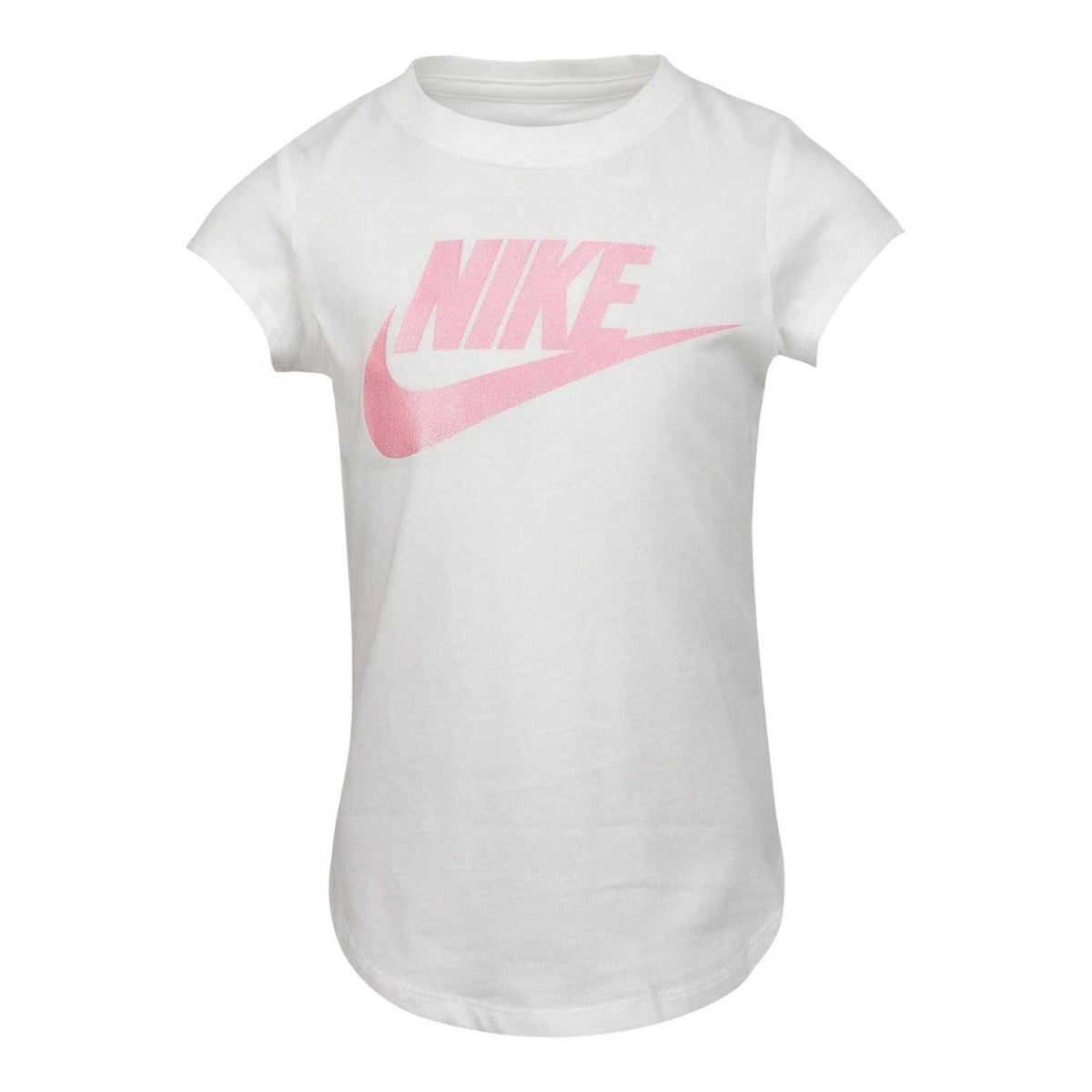 White-Pink - Front - Nike Girls Shimmer Logo Short-Sleeved T-Shirt