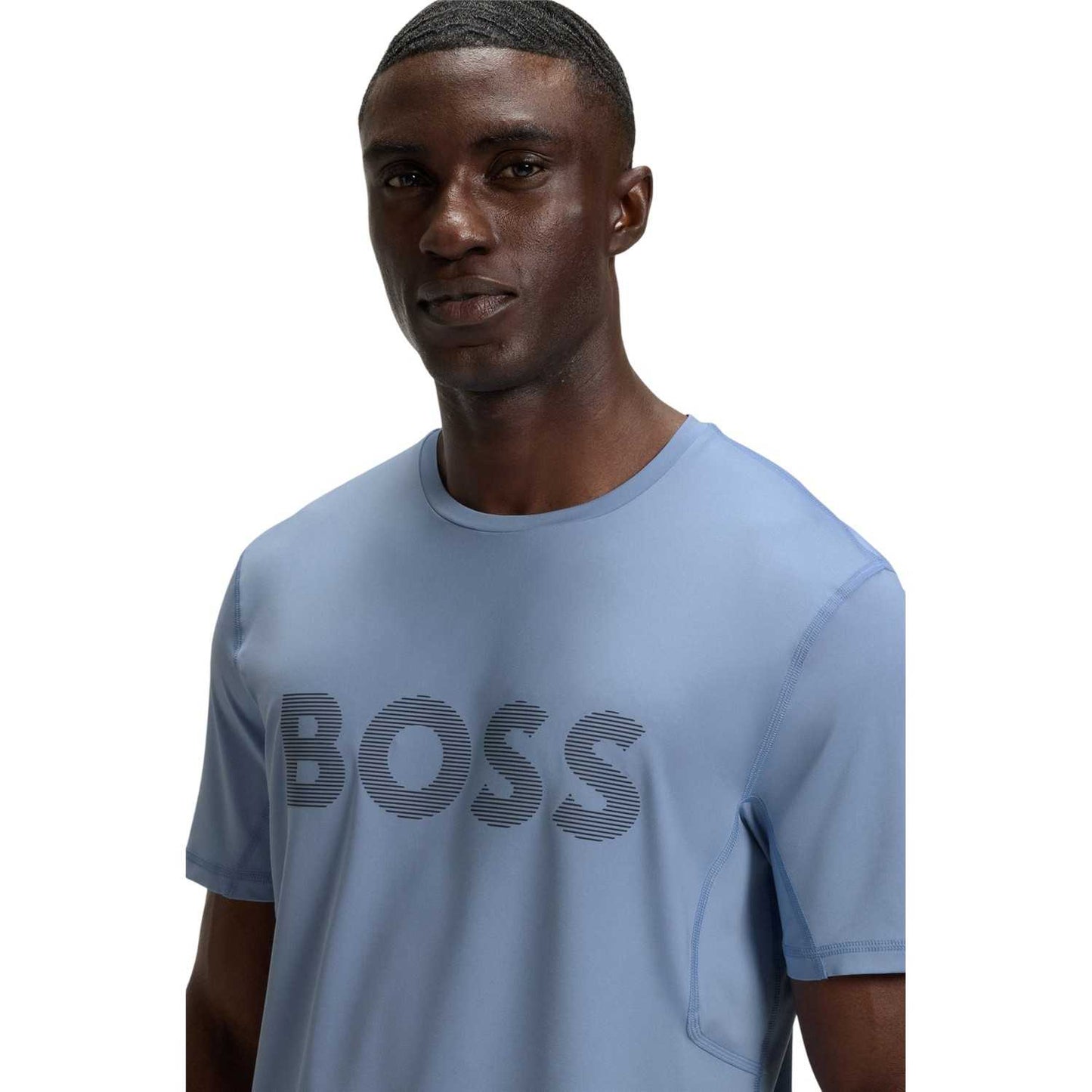 Blue - Side - Boss Mens Striped Logo Regular T-Shirt