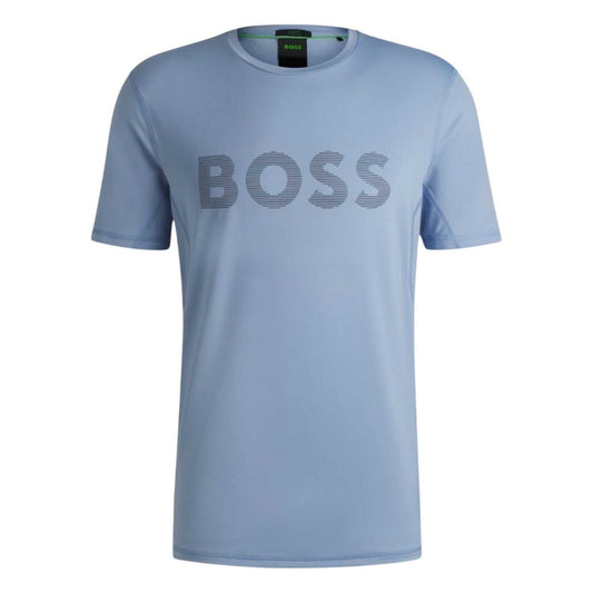Blue - Front - Boss Mens Striped Logo Regular T-Shirt