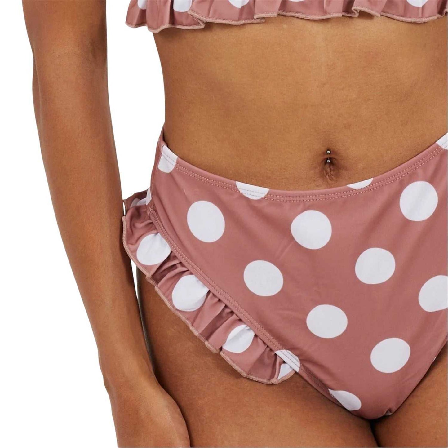 Tan-White - Side - Brave Soul Womens-Ladies Polka Dot High Waist Two-Piece Swimsuit