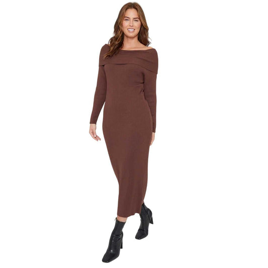 Brown - Front - Be You Womens-Ladies Midi Ribbed Off Shoulder Sweater Dress