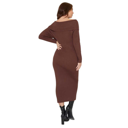 Brown - Back - Be You Womens-Ladies Midi Ribbed Off Shoulder Sweater Dress
