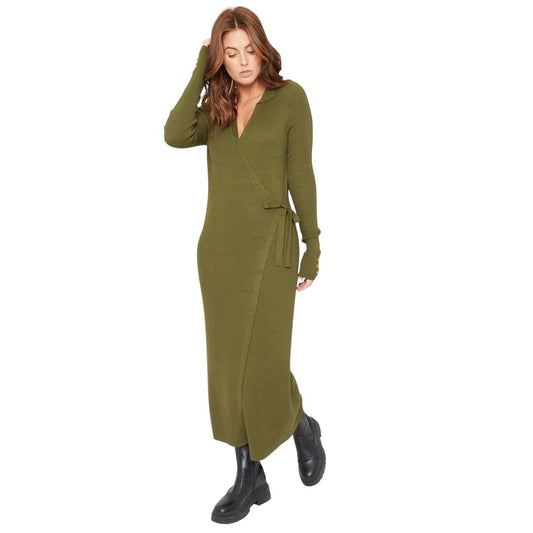 Khaki - Front - Be You Womens-Ladies Midi V Neck Slim Wrap Dress