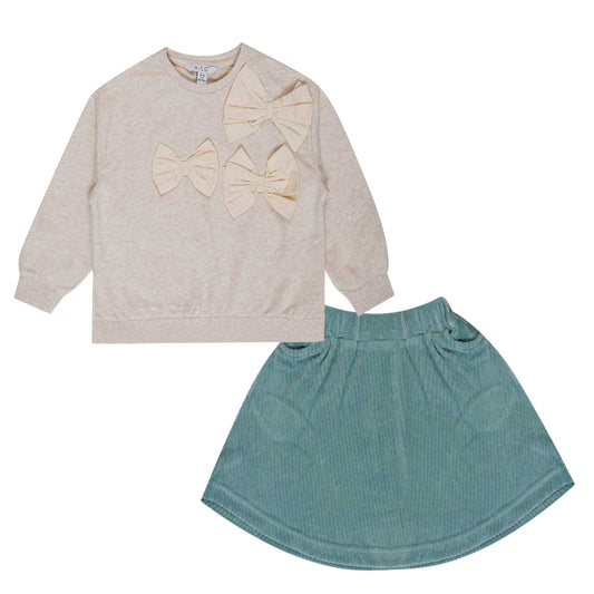 Cream-Teal - Front - Miso Baby Girls Bow Top & Skirt Set