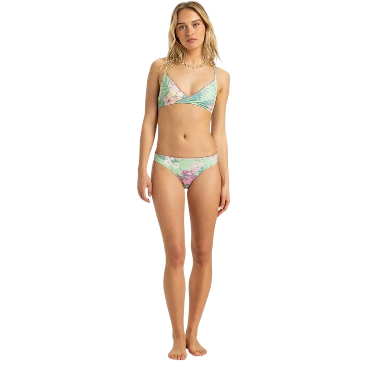 Green - Front - Roxy Womens-Ladies Floral Pattern Triangle Cups Bikini Top Set