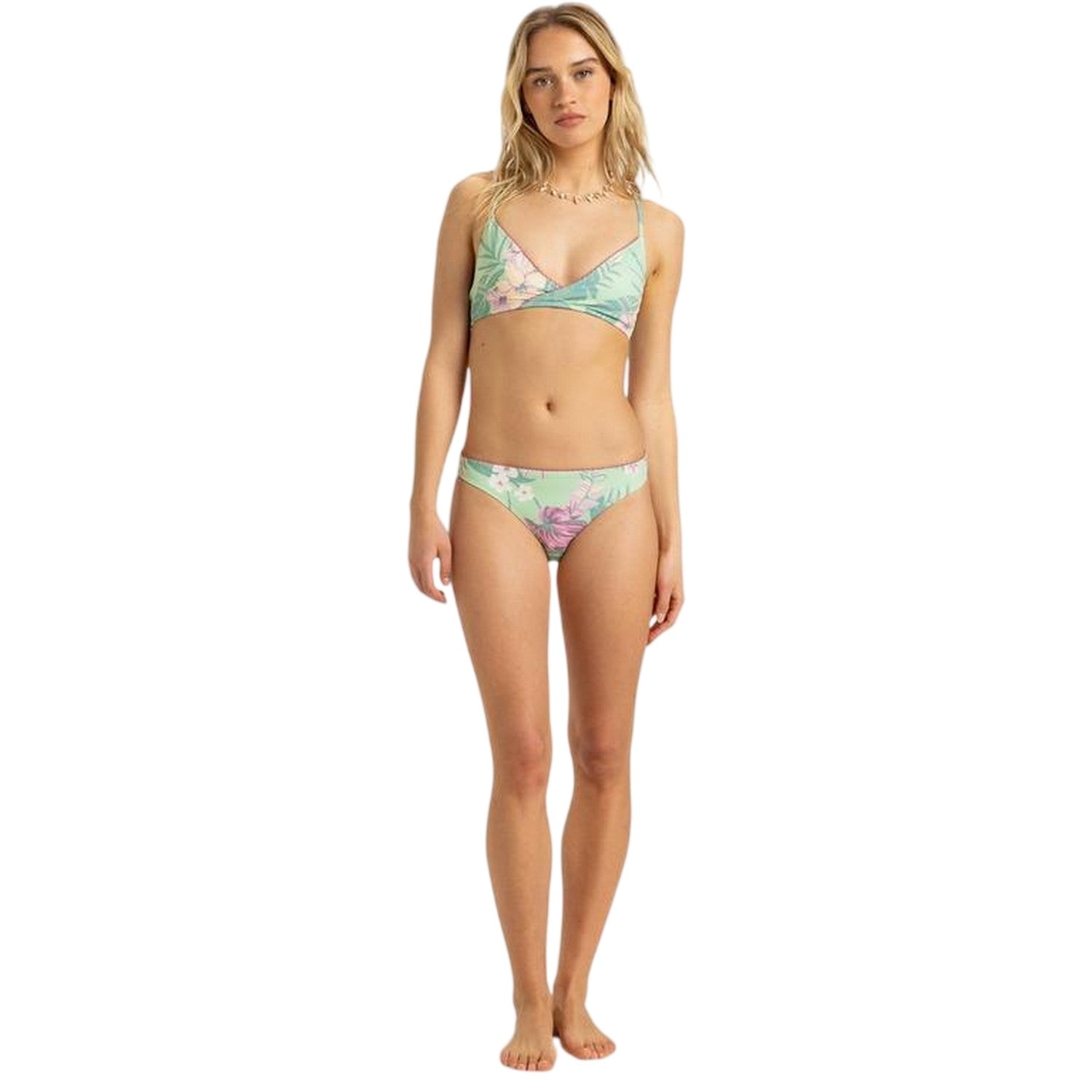 Green - Front - Roxy Womens-Ladies Floral Pattern Triangle Cups Bikini Top Set