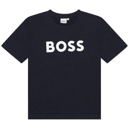 Navy - Front - Boss Childrens-Kids Large Logo T-Shirt