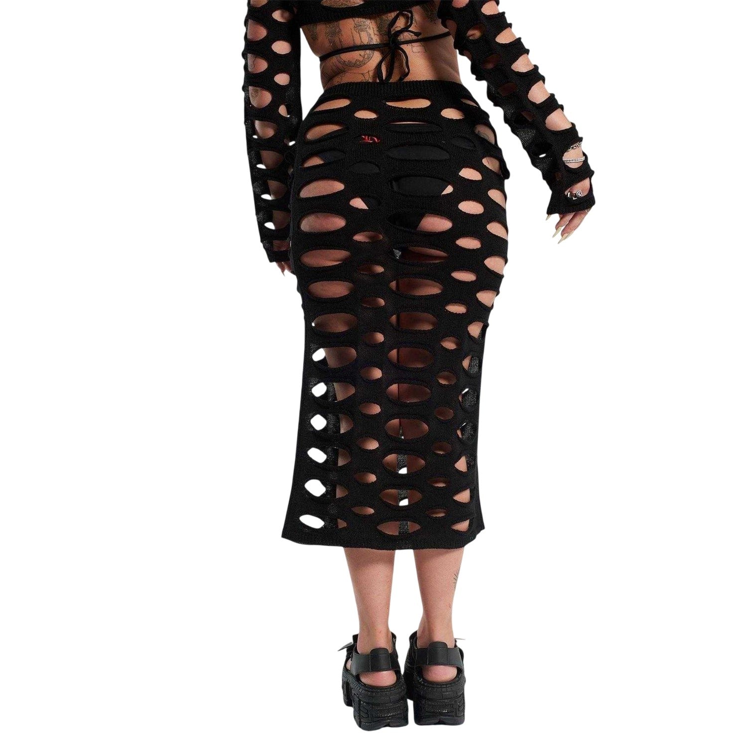 Black - Back - The Ragged Priest Womens-Ladies Distressed Knitted Midi Skirt
