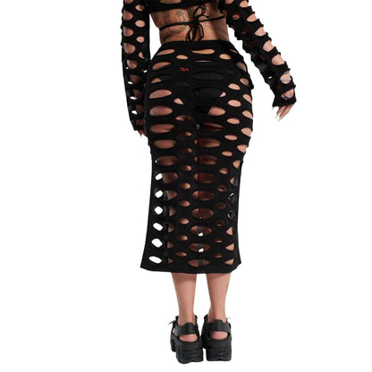 Black - Back - The Ragged Priest Womens-Ladies Distressed Knitted Midi Skirt