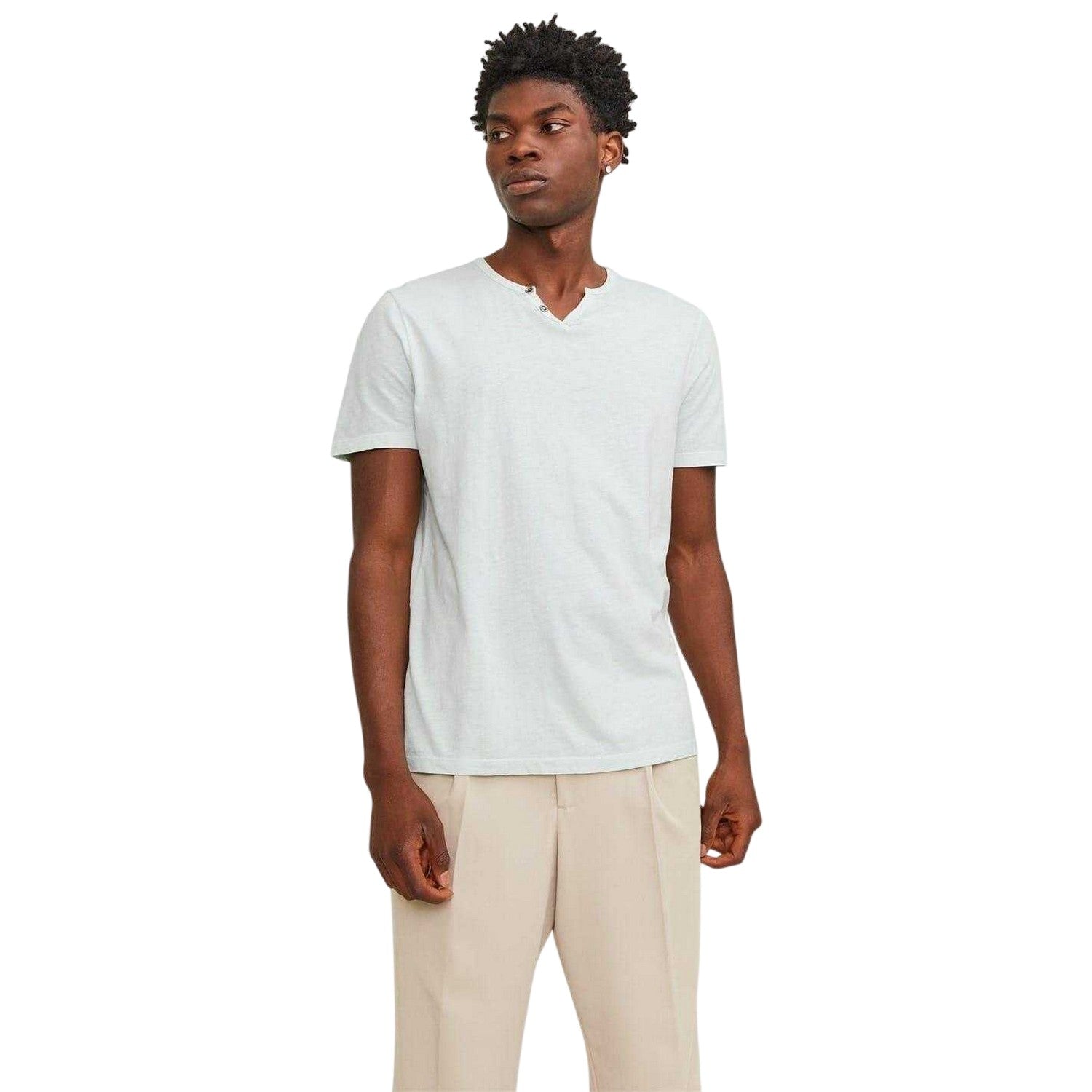 Light Blue - Front - Jack And Jones Mens Split Neck Short-Sleeved T-Shirt