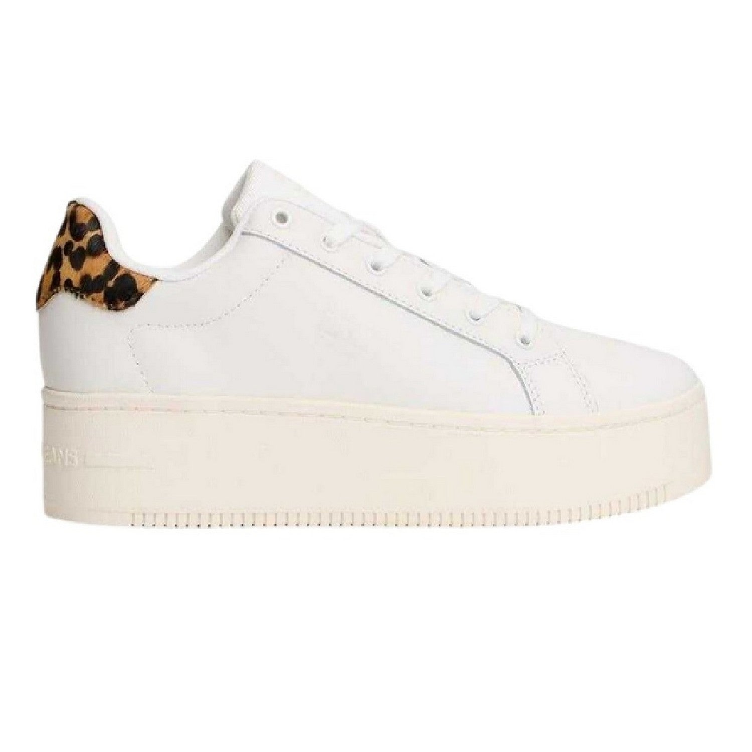 Ivory-Leopard - Front - Tommy Jeans Womens-Ladies Leopard Print Leather Platform Trainers