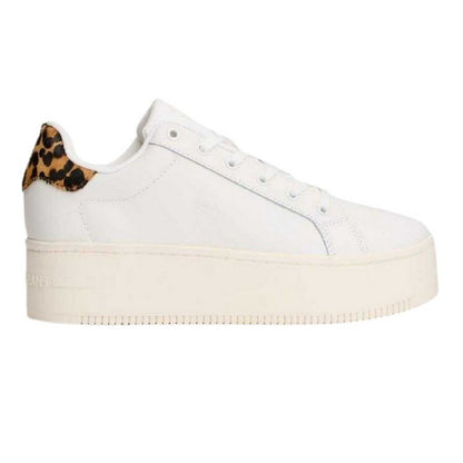 Ivory-Leopard - Front - Tommy Jeans Womens-Ladies Leopard Print Leather Platform Trainers