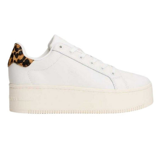 Ivory-Leopard - Front - Tommy Jeans Womens-Ladies Leopard Print Leather Platform Trainers