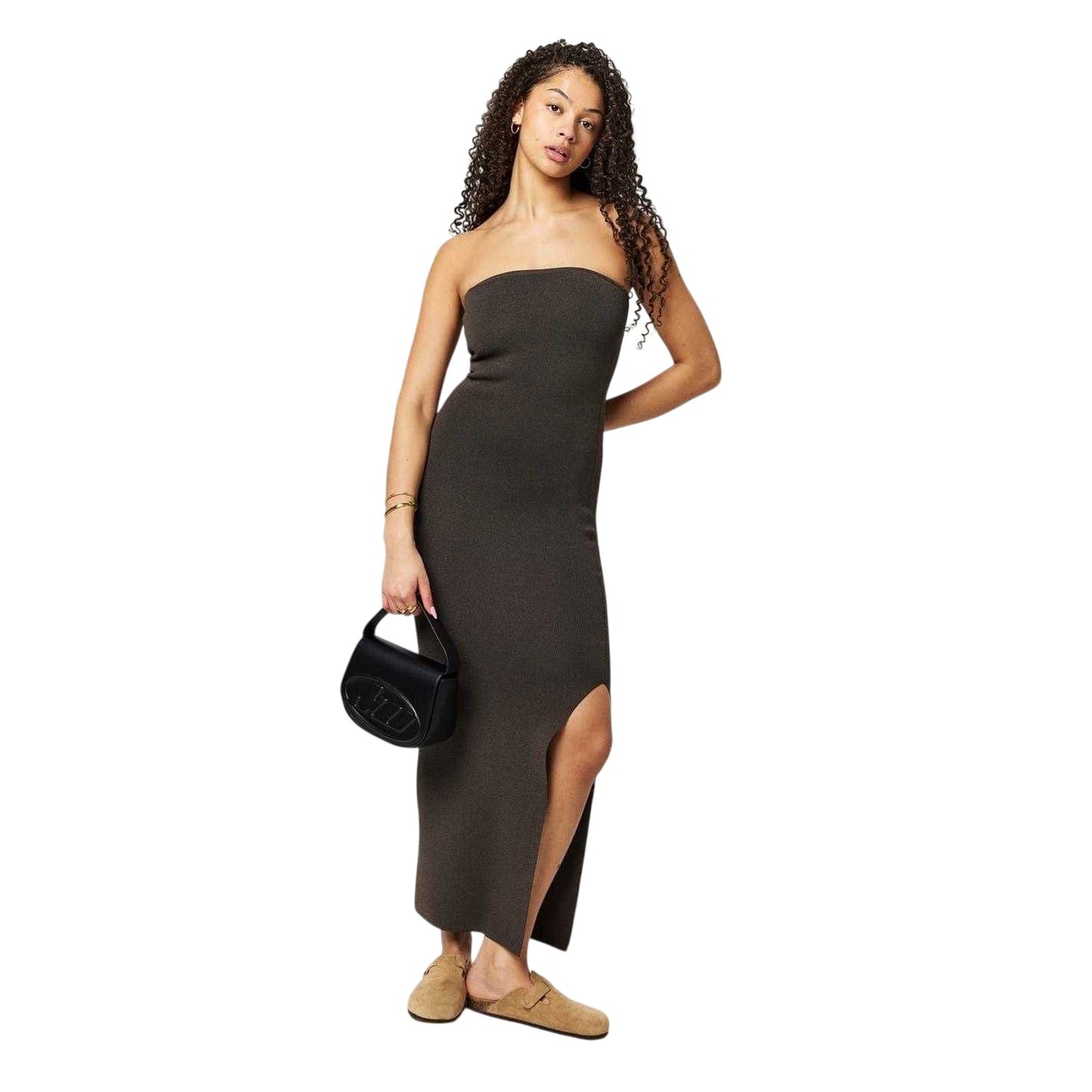 Espresso - Side - Jack Wills Womens-Ladies Ribbed Bandeau Slim Maxi Dress
