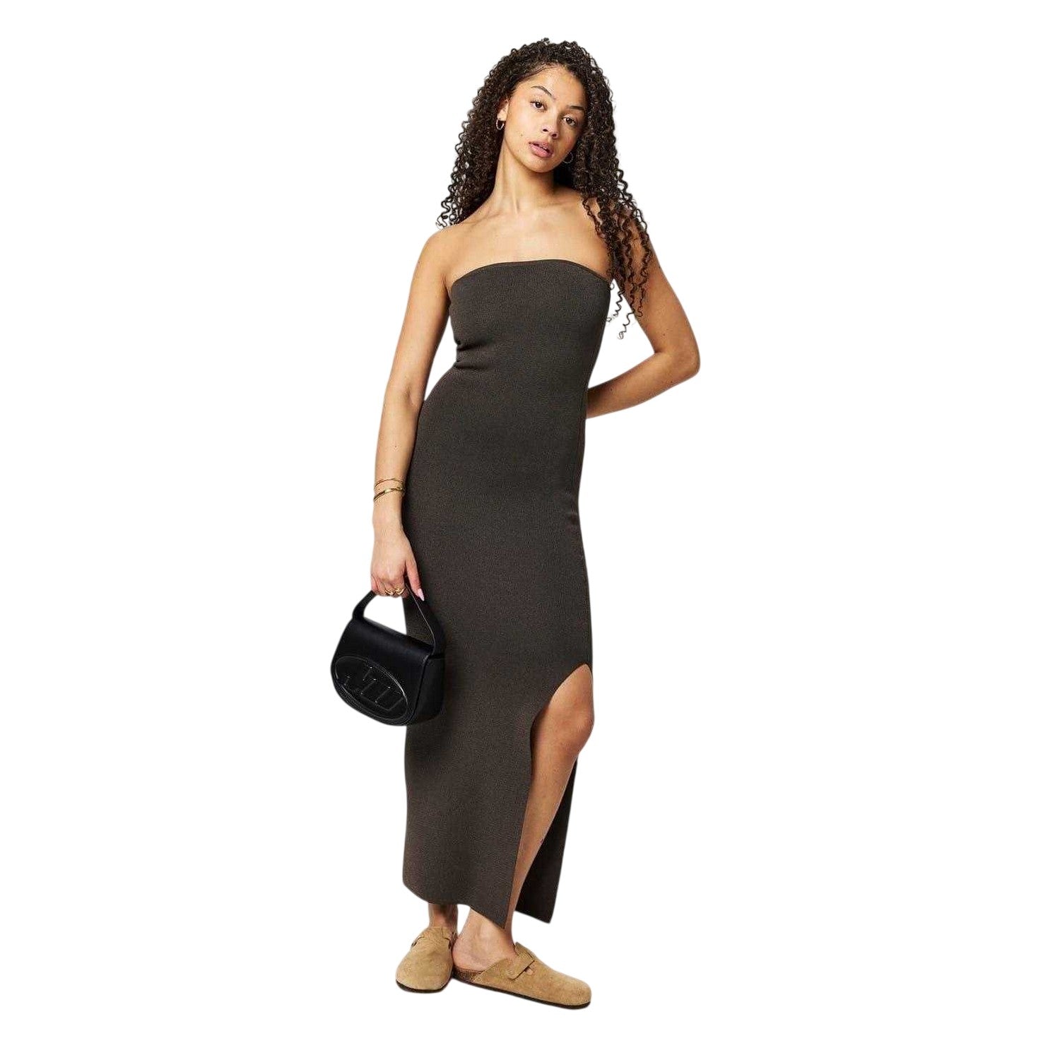 Espresso - Side - Jack Wills Womens-Ladies Ribbed Bandeau Slim Maxi Dress