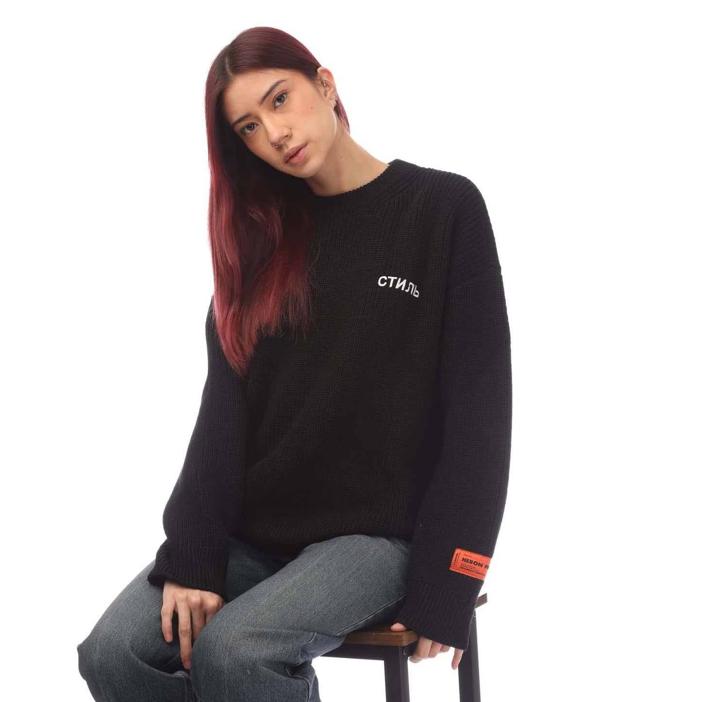 Black-White - Side - Heron Preston Womens-Ladies CTNMB Knitted Crew Neck Oversized Sweatshirt