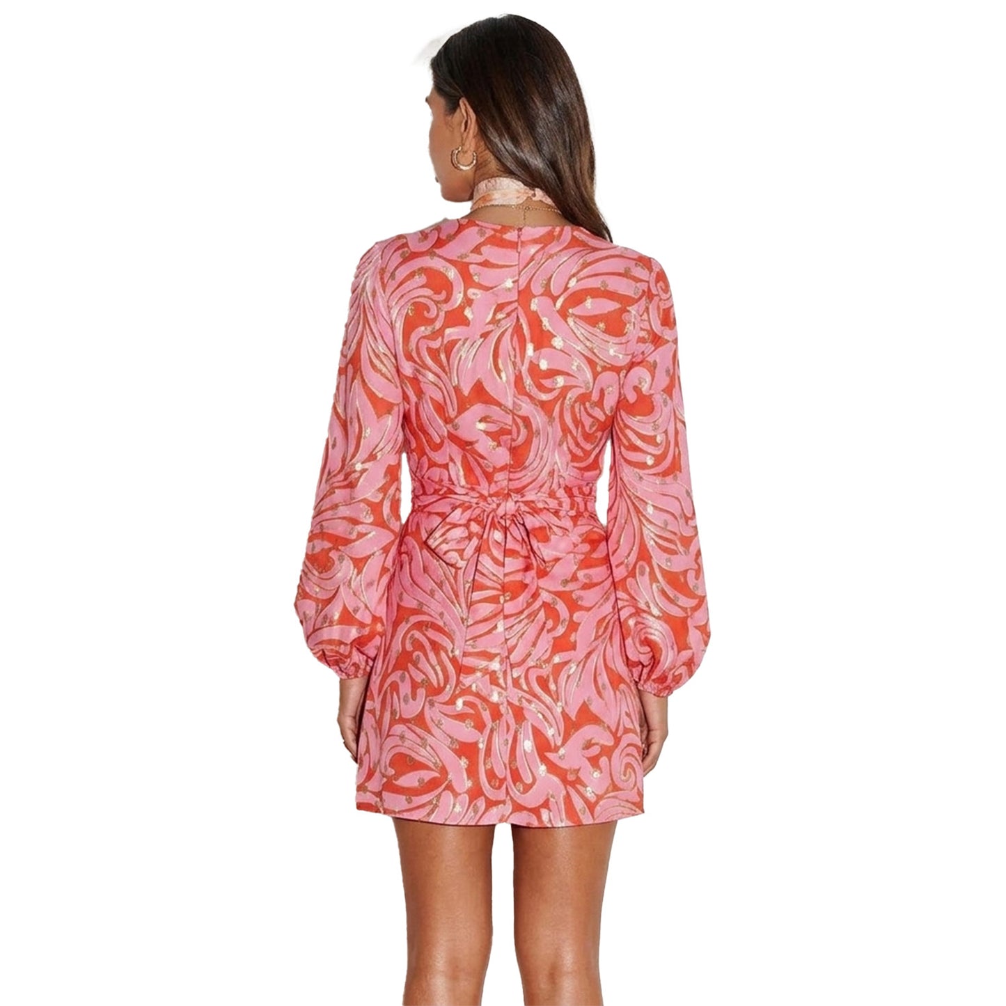 Pink-Red - Back - Never Fully Dressed Womens-Ladies Vienna Swirl Print Wrap Dress