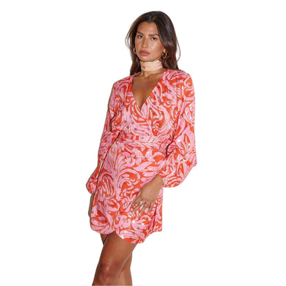 Pink-Red - Side - Never Fully Dressed Womens-Ladies Vienna Swirl Print Wrap Dress
