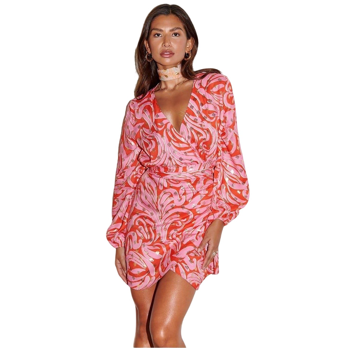 Pink-Red - Front - Never Fully Dressed Womens-Ladies Vienna Swirl Print Wrap Dress