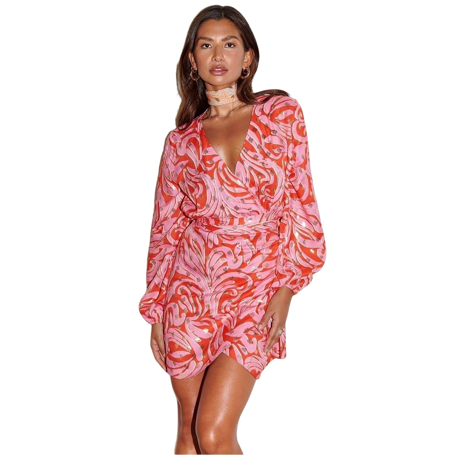 Pink-Red - Front - Never Fully Dressed Womens-Ladies Vienna Swirl Print Wrap Dress